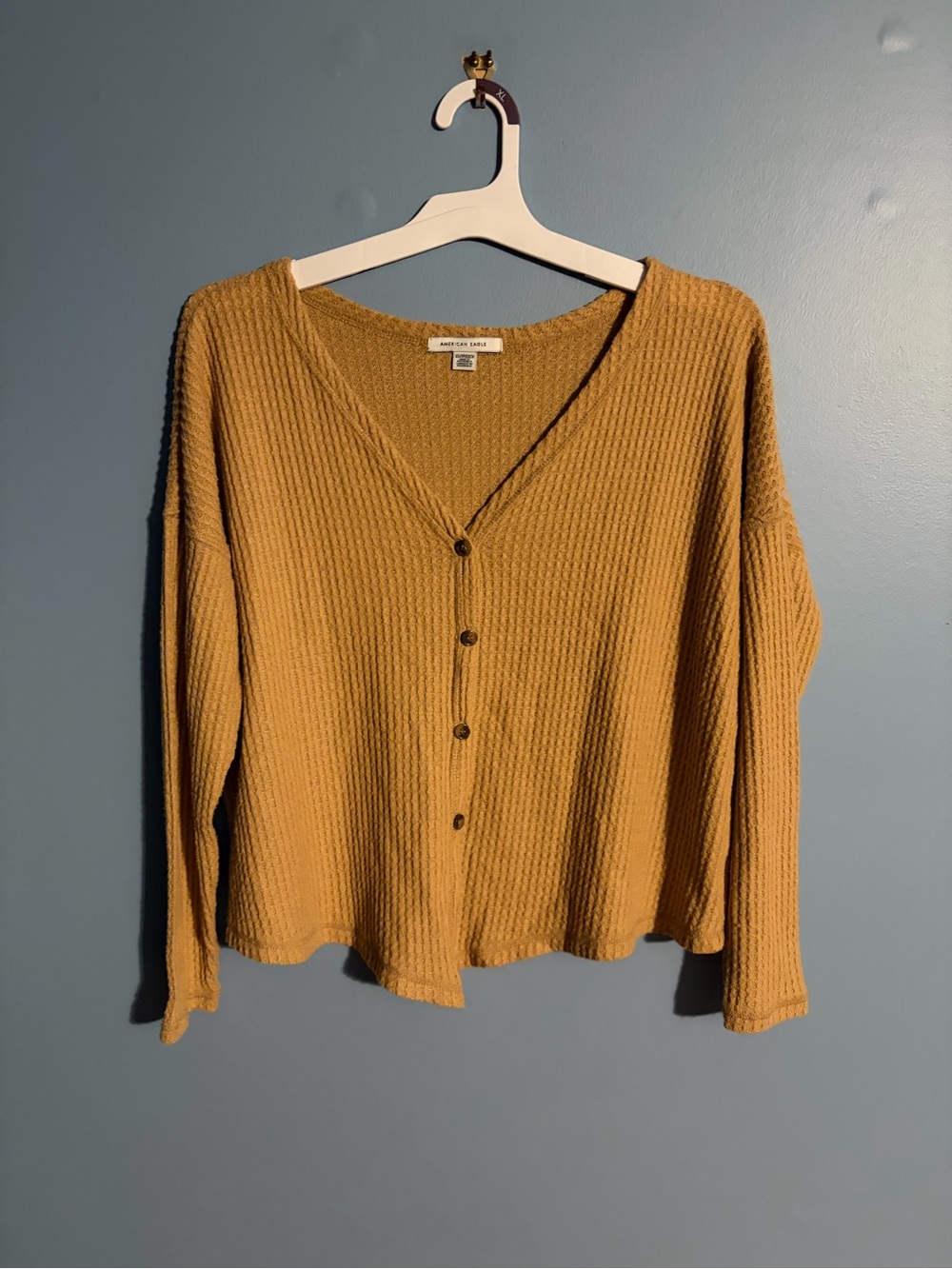 American Eagle Mustard Waffle-Knit Button Cardigan